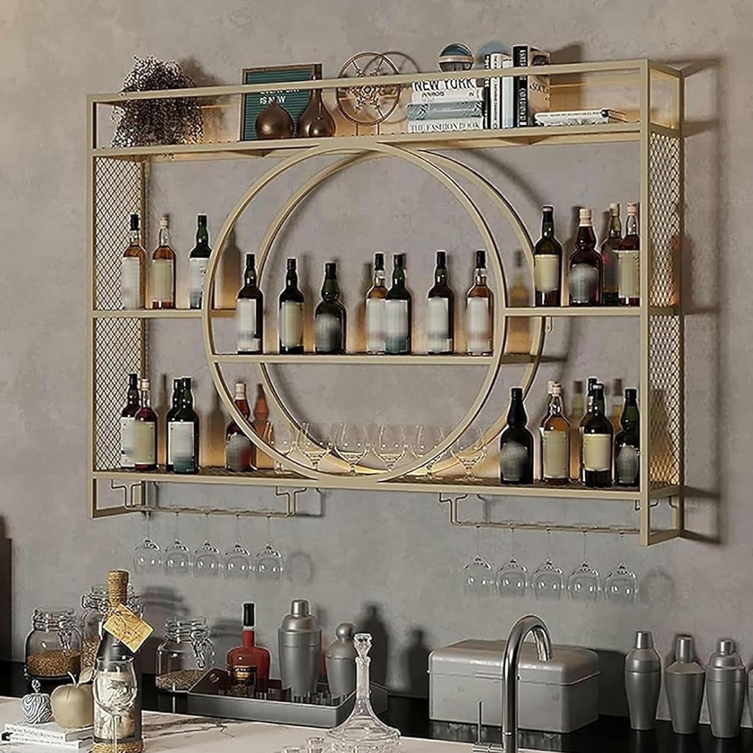 Mueble Bar Delgado de Pared en Color Dorado Estante de Barra Hogareño de 120cm