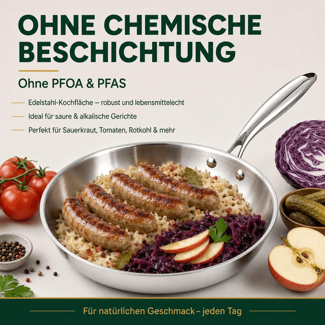 Edelstahlpfanne 28 cm mit Deckel, 5-Schicht Bratpfanne | Unbeschichtet, Gleichmäßige Wärmeverteilung, für Alle Herdarten, Ofenfest bis 400 °C, für Steak, Gemüse und Eier
