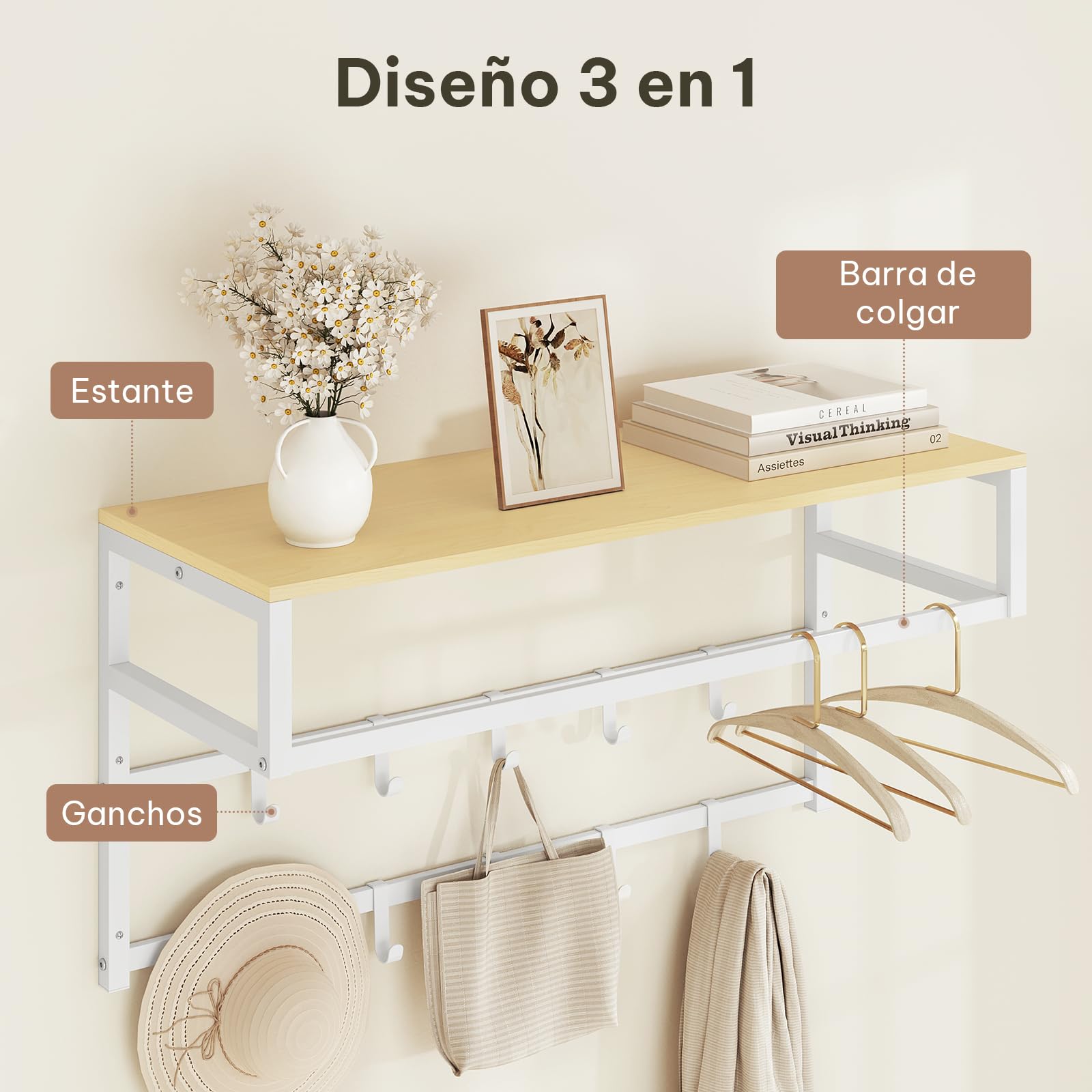 eSituro Perchero de Pared con Estante, Estantería de Pared con 10 Ganchos, Perchero para Colgar Ropa, Toallero Baño, Percha para Salón, Pasillo, Entrada, 80x41x30 cm, Blanco + Madera natural