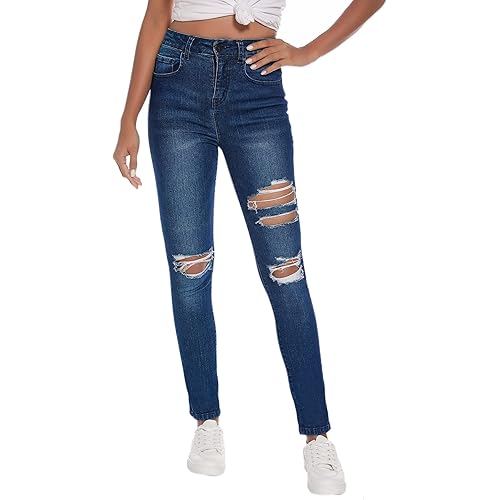 Resfeber Women's Ripped Skinny Jeans Trendy Distressed Jeans Stretch Destroyed Jean with Holes