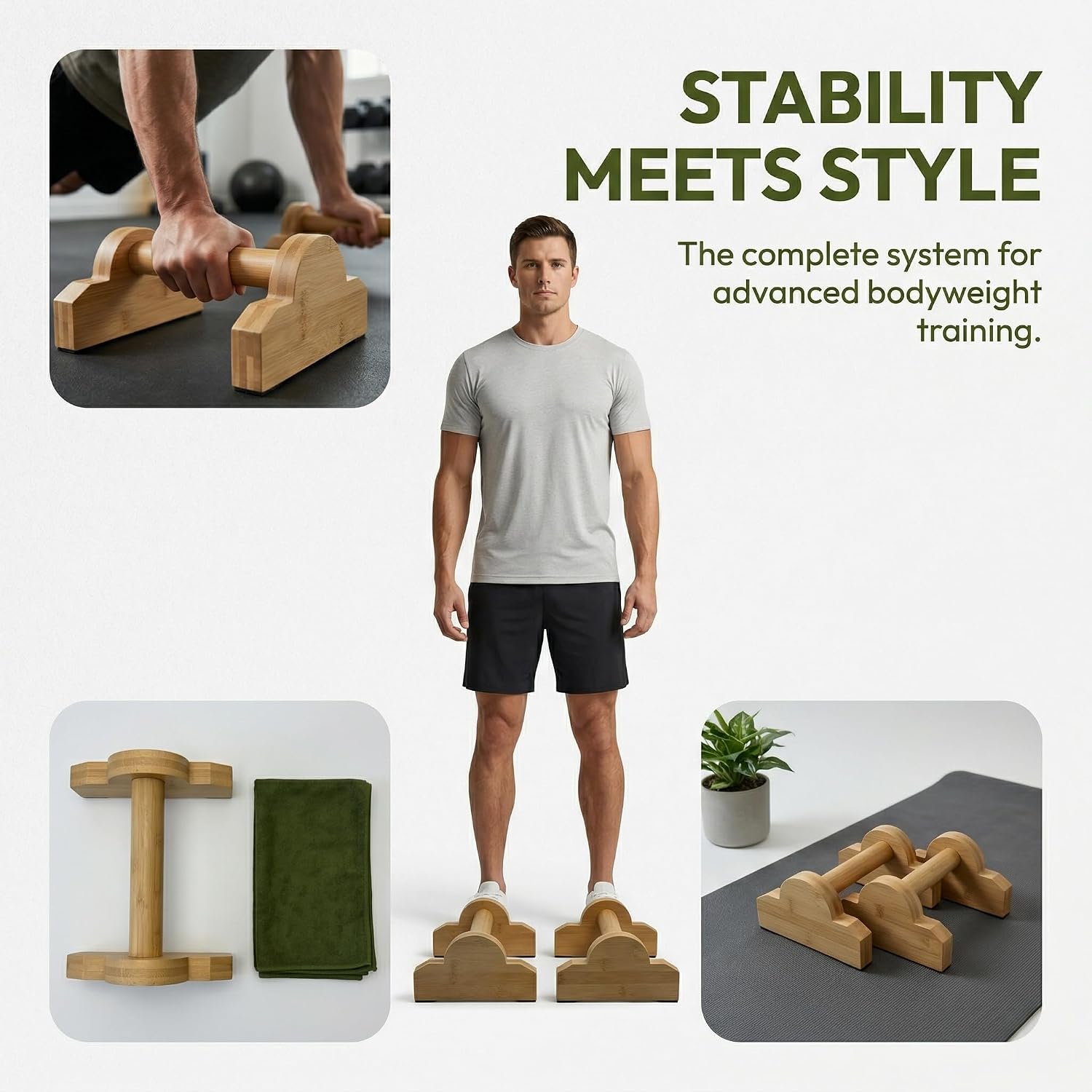 Bamboo Push Up Bars, Ergonomic Wrist-Friendly Push Up Stands, Non-Slip Lightweight Home Gym Equipment for Men Women, Portable Pushup Handles for Floor Strength Training Fitness