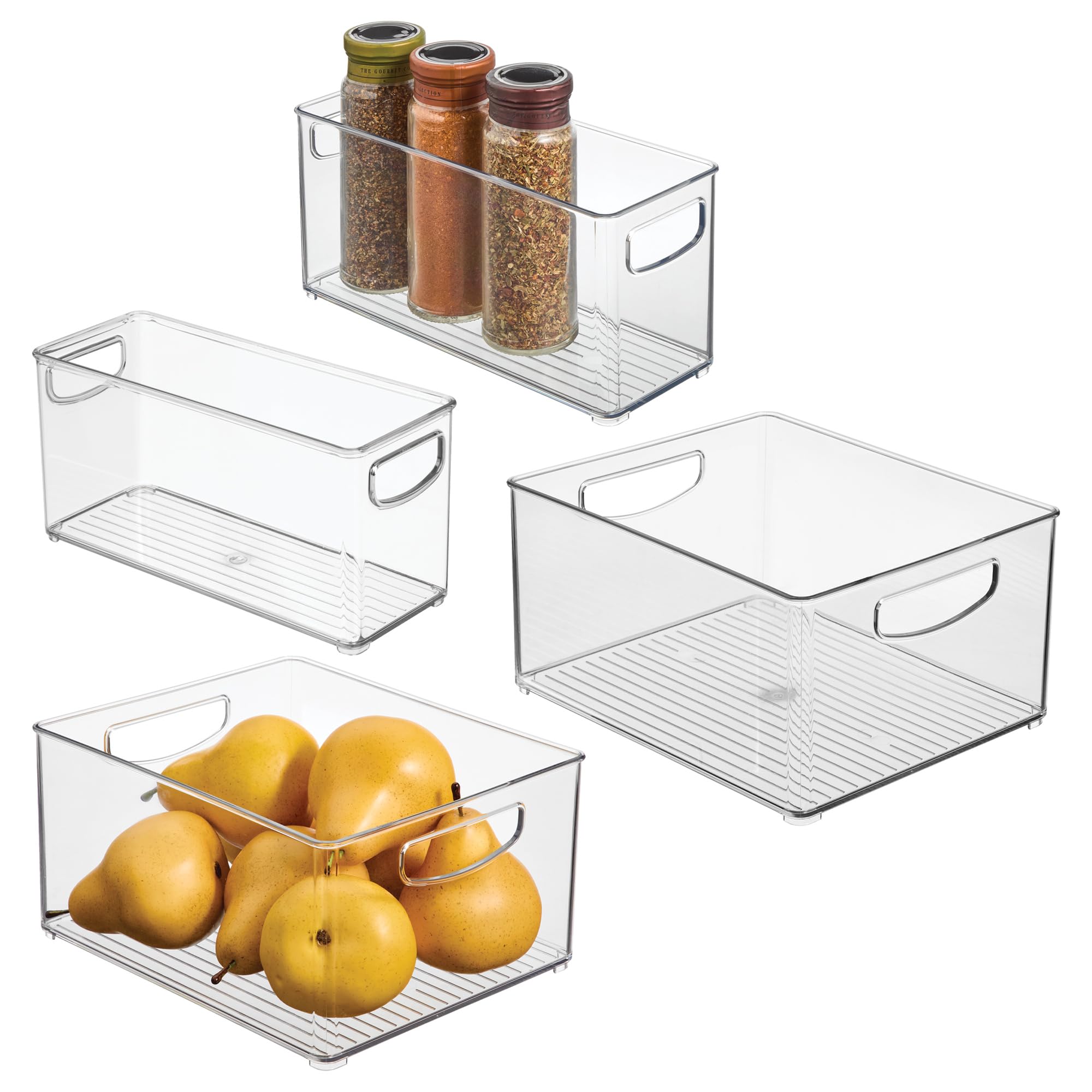 iDesign Juego de 4 organizadores de plástico reciclado al 50% para organizar la despensa y el armario, fabricados en USA; Juego de 4 contenedores en 2 tamaños, transparente