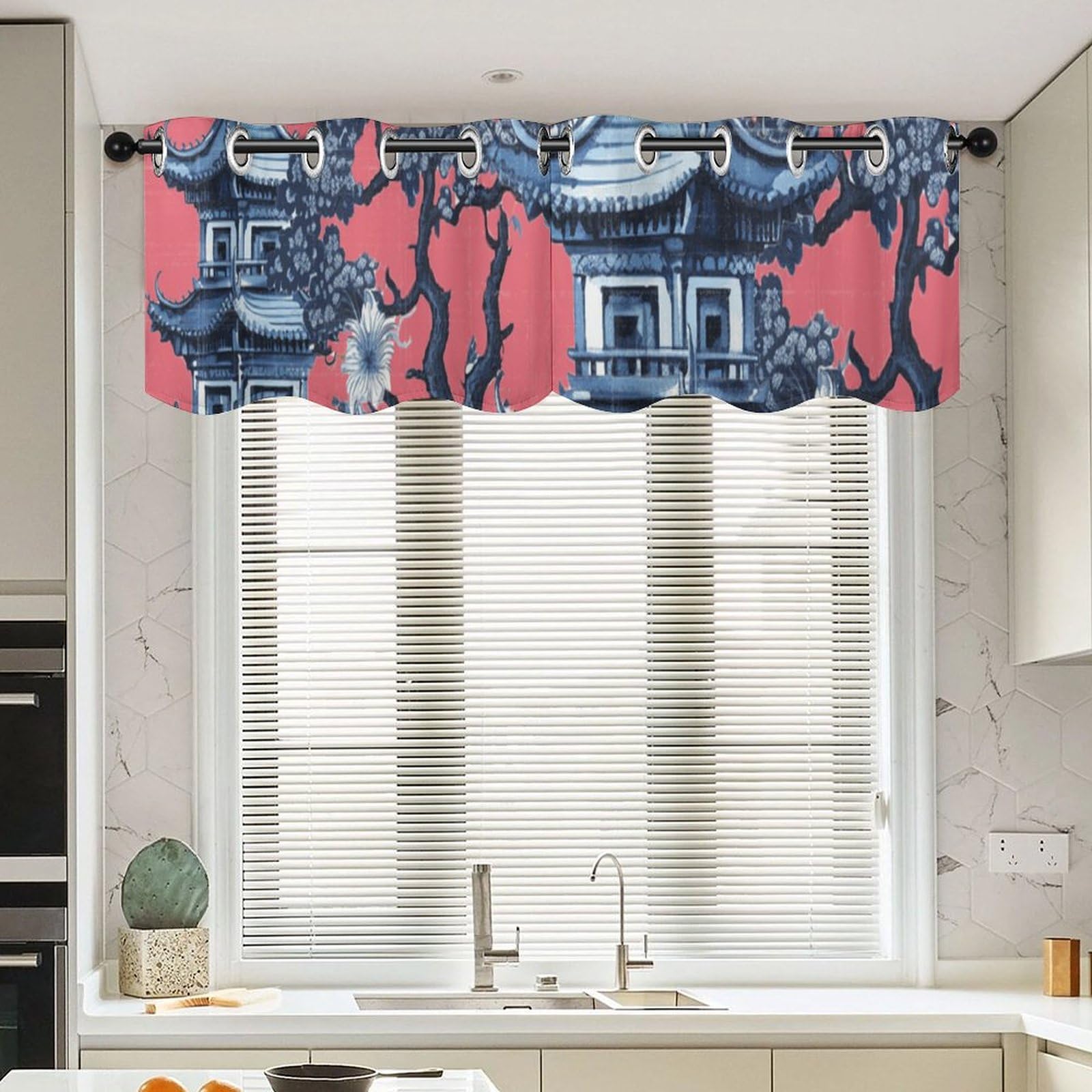 Cantonnière 132x45,7 cm rustique bicolore rouge et bleu en lot de deux pièces
