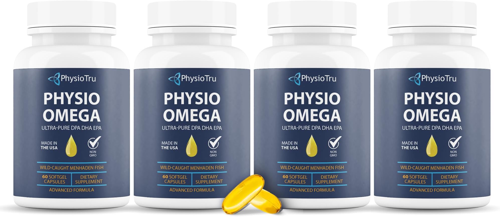 Physio Omega 2400mg Fish Oil with Omega 3 Fatty Acid Supplement - Vascular & Cognitive Supplements for Adults - Non-GMO, Burpless, Light Citrus Flavor, Sustainably Sourced - 4 Packs, 240 Softgels