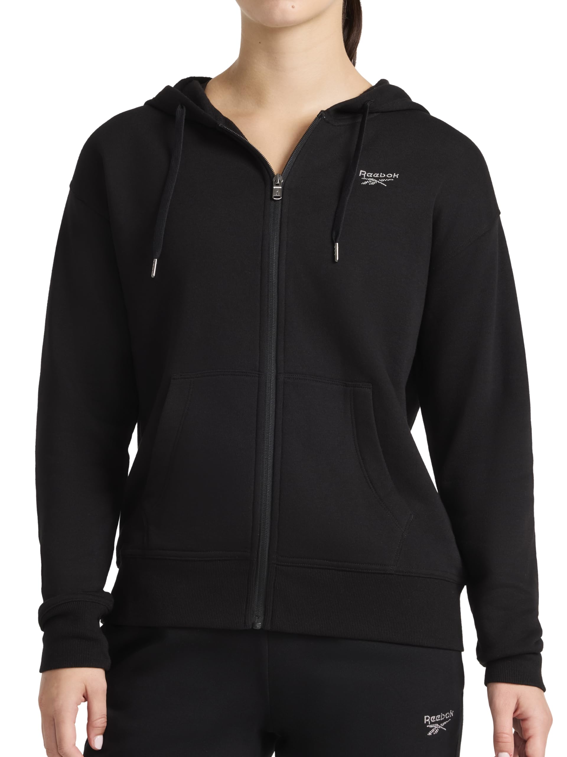 Reebok Apparel Women's Rhinestone Full-Zip Hoodie, Standard Fit, Midweight Cotton-Poly Fabric, Black, Large