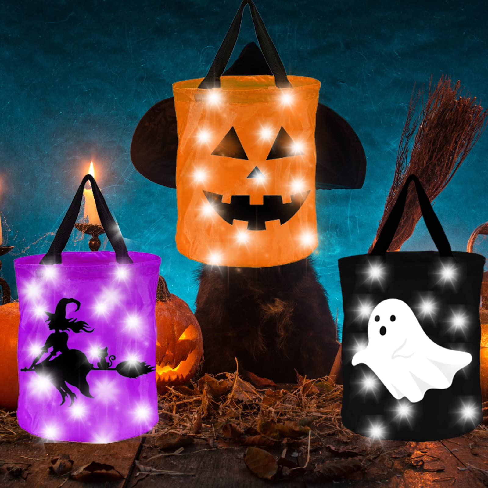 3 Pieces Halloween LED Light Candy Bags Light Up Halloween Trick or Treat Bags Ghost Pumpkin Witch Bucket Halloween Treat Bags for Kids Halloween Party Favors
