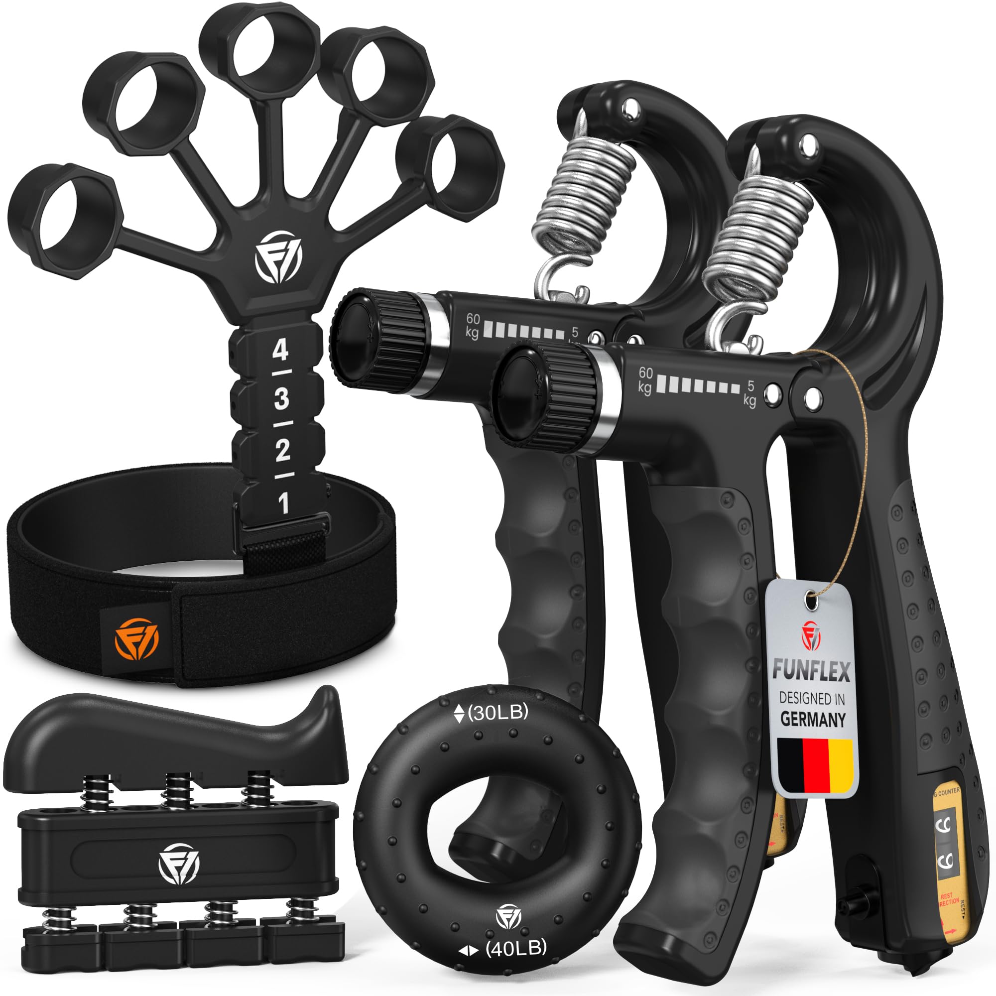FUNFLEX Handtrainer Fingertrainer Set 5-teilig - Unterarmtrainer verstellbar 5-60 kg mit Zähler, Griffkraft Trainer, Fingerstrecker, Grip Ring & Handgelenk Band für Hand & Unterarm Training