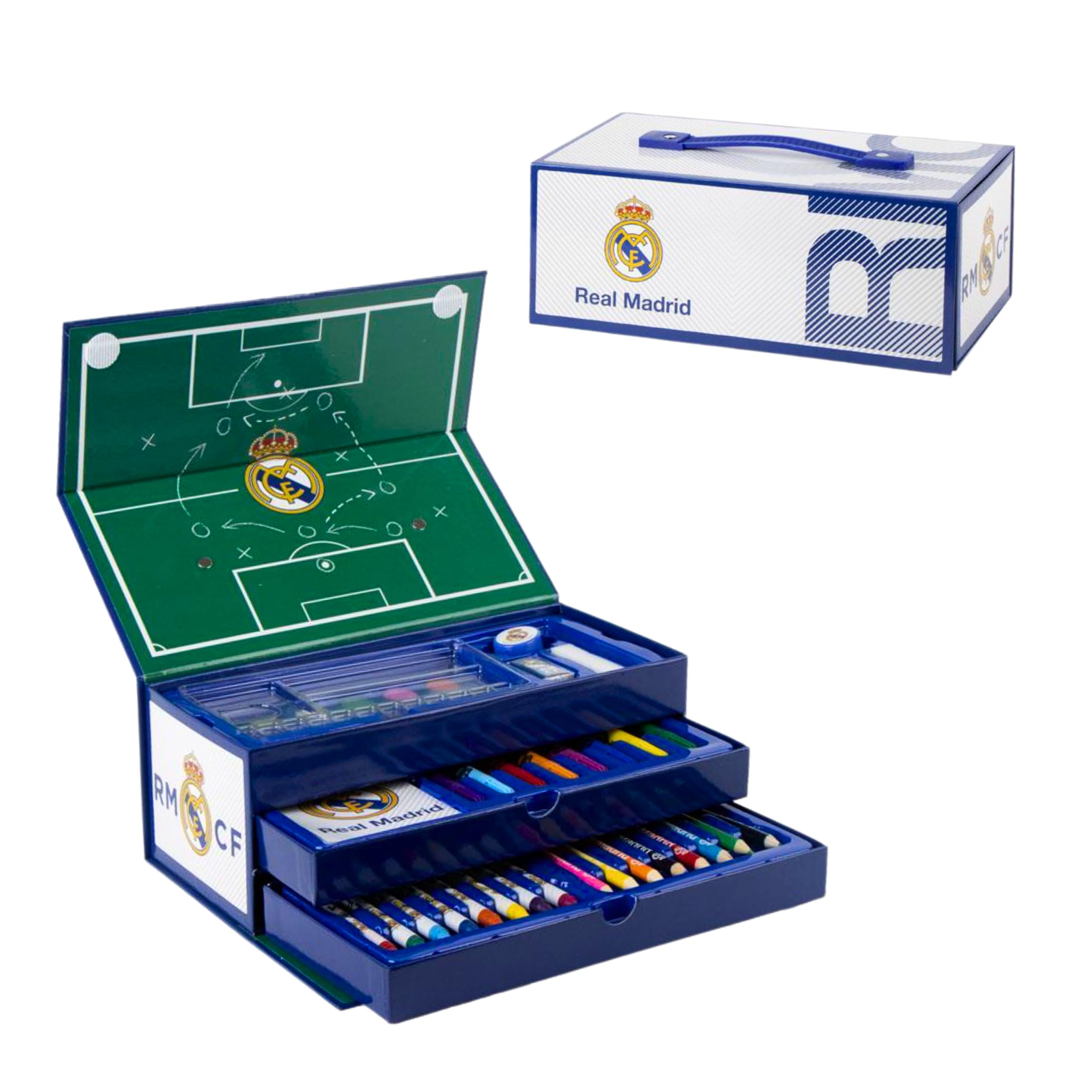 CF REAL MADRID Juego de Papelería, Incluye Lápices de Color, Rotuladores, Acuarelas, Pincel, Esponja, Lapiz, Sacapuntas, Borrador, Ceras de Color, Cuaderno, Estuche Maletin, Set Escolar Niños
