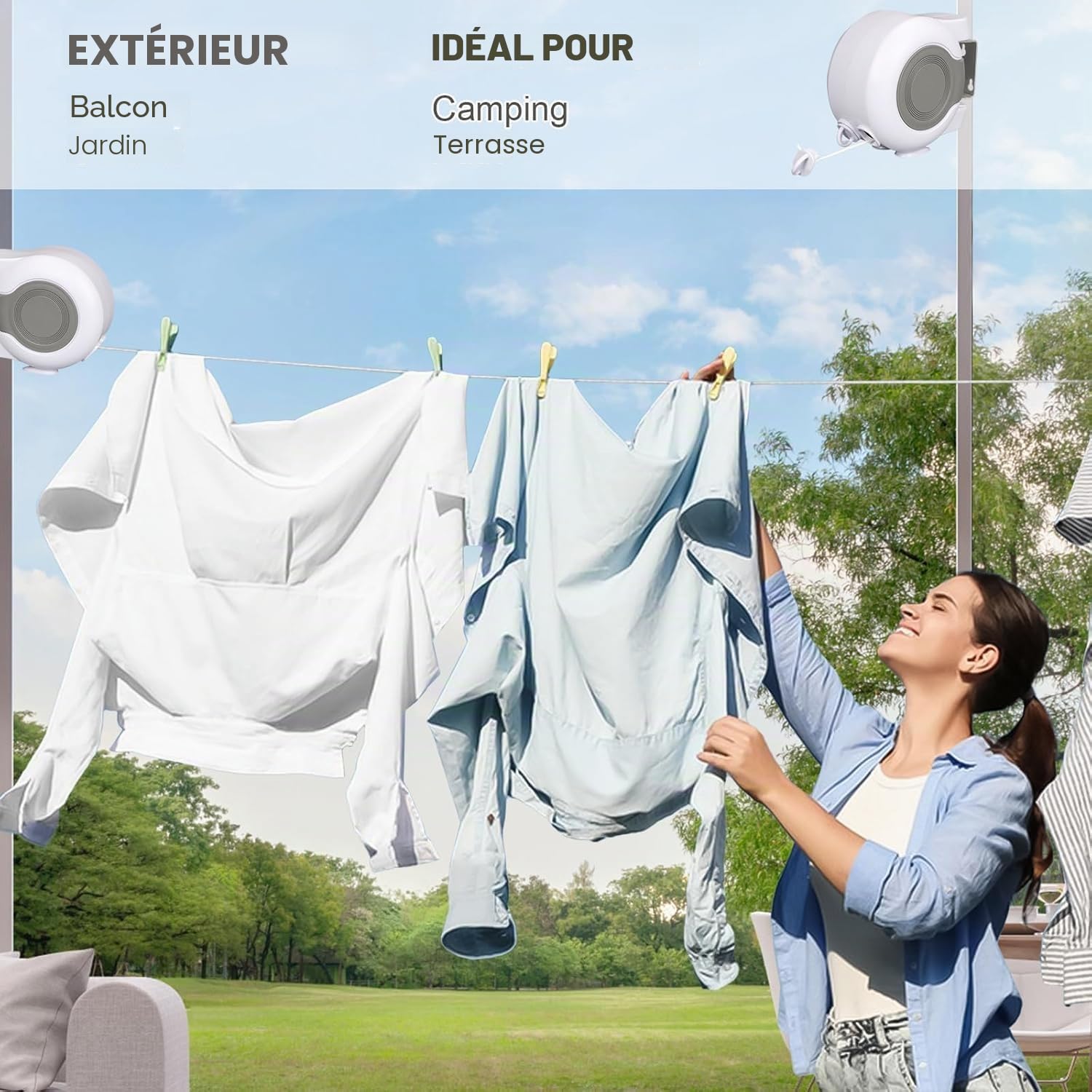 Corde à Linge Mural Extérieur, Double Fil à Linge Rétractable de 26 Mètres(2 x pour Intérieur et Extérieur, Jardin, Terrasse, Buanderie, CampingInsta, Installation