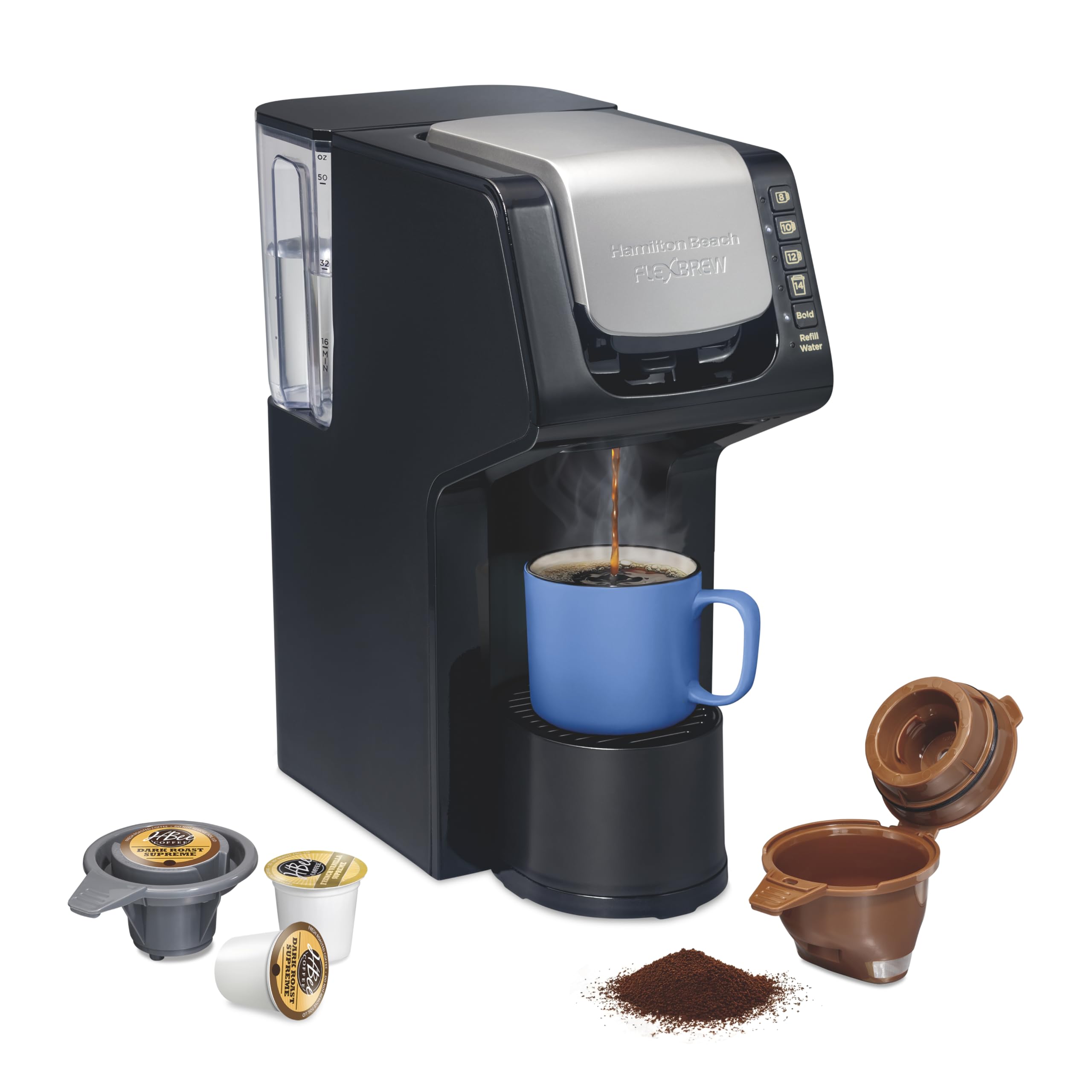 Hamilton Beach Gen 4 FlexBrew Single-Serve Coffee Maker with Removable Reservoir, Compatible with Pod Packs and Grounds, 50 oz., 4 Fast Brewing Options, Black