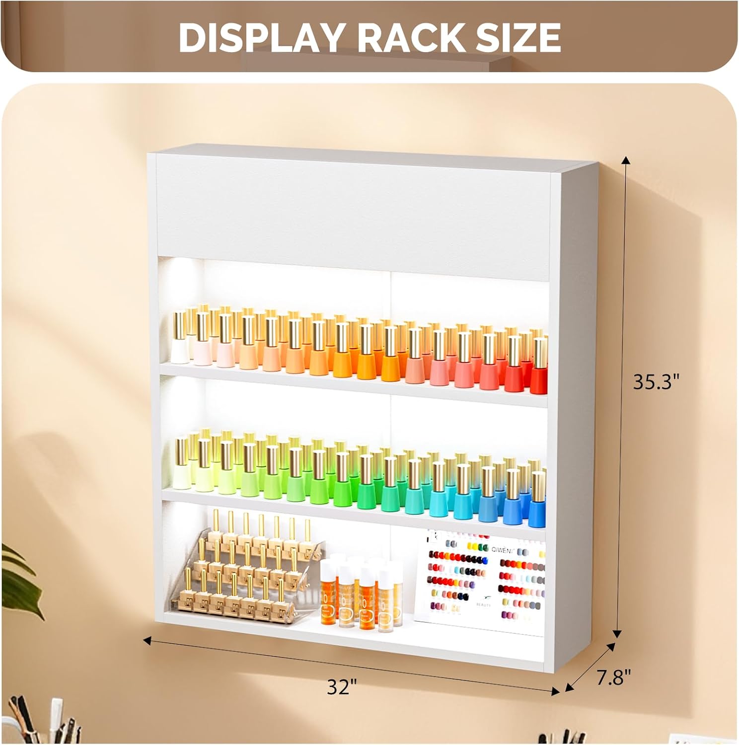 OmySalon Wall Mounted Display Rack, 32-Inch 3-Tier LED Nail Polish Organizer Shelf with USB Touch Control, for Nail Salon, Spa, Beauty Studio Storage, Wooden Retail Display (White)