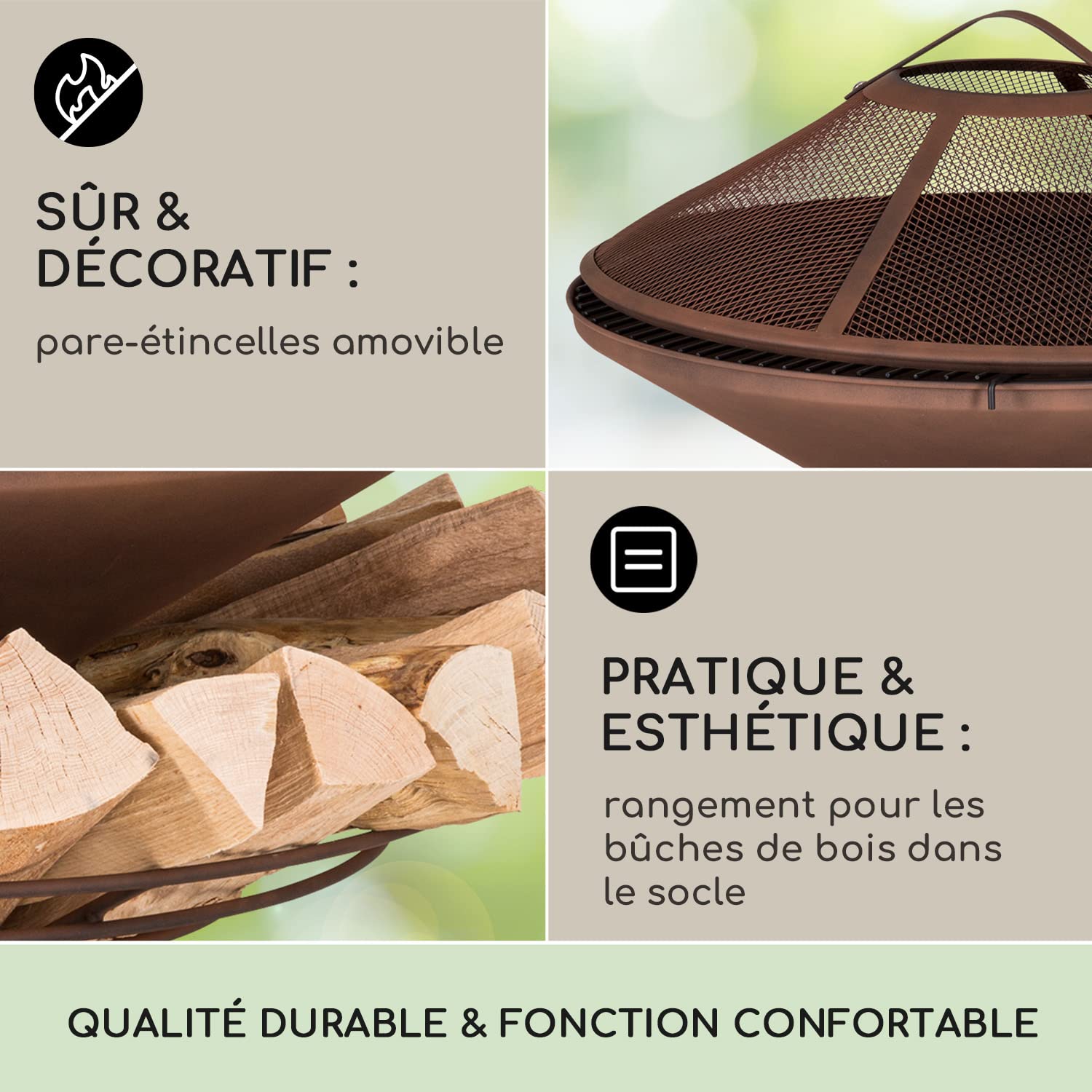 Blumfeldt Brasero Exterieur pour Le Jardin et Terrasse, Brasero Portable, Couvercle Pare-Etincelles, Bol en Acier, BBQ Circulaire avec Foyer Camping, Brûleur à Bois Résistant aux Intempéries
