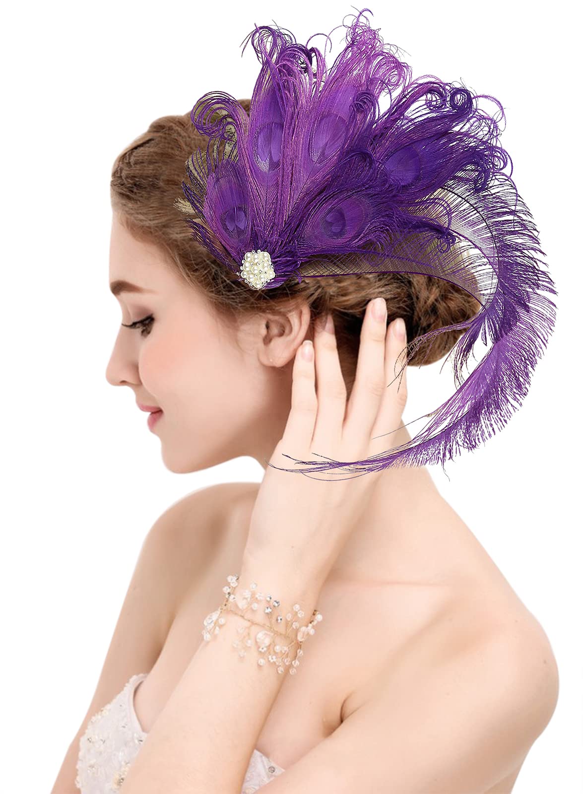 Z&XPeacock Feather Fascinator Hair Clip Headband 1920s Costume Flapper Headpiece (015a- Purple)