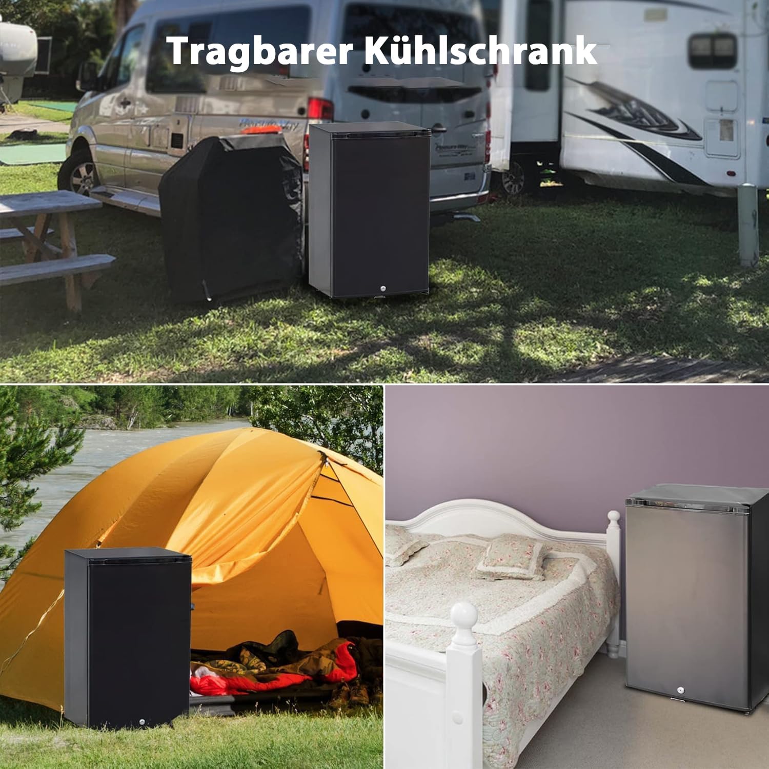 Camping Kühlschrank 12V 230V, 50L Campingkühlschränke Mit Schloss und Wendetür, Leiser Absorber Kühlschrank für Camping, Wohnwagen, Wohnmobil, Haus, Büro, Hotel, Schwarz