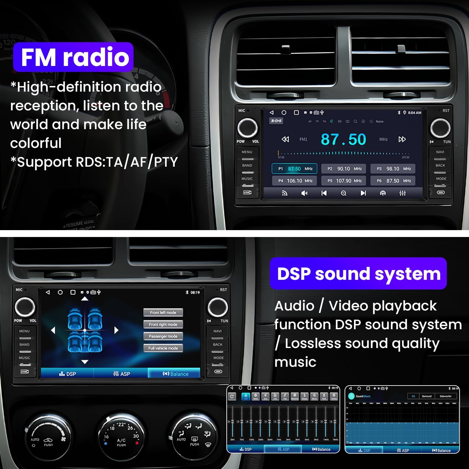 Screenshot of the FM radio interface on the LONGRUF car stereo, showing frequency display and preset options.