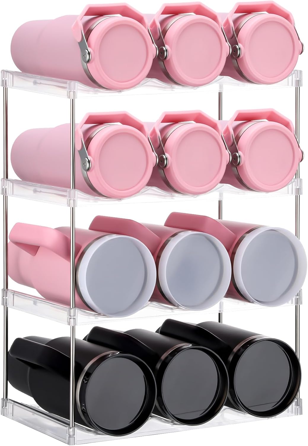 Higher Compartment - Stackable Water Bottle Organizer for Cabinet, 4 Tier Hold 12, Clear Plastic Water Bottle Storage Organizer for Pantry, Fridge, High Enough for 40oz Tumbler with Handle, Wine