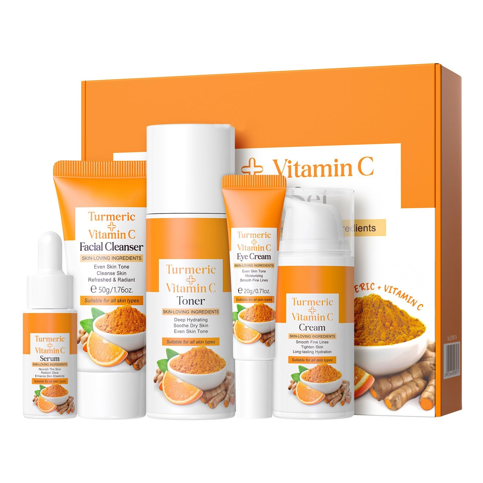 Turmeric Skin Care Set, Turmeric Skin Care Gift Set with Facial Cleanser, Toner, Serum, Eye Cream, Moisturizer, Turmeric Skin Care Kit, Face Cream Travel Kit for Women Teen Girls Mom Daughter Birthday