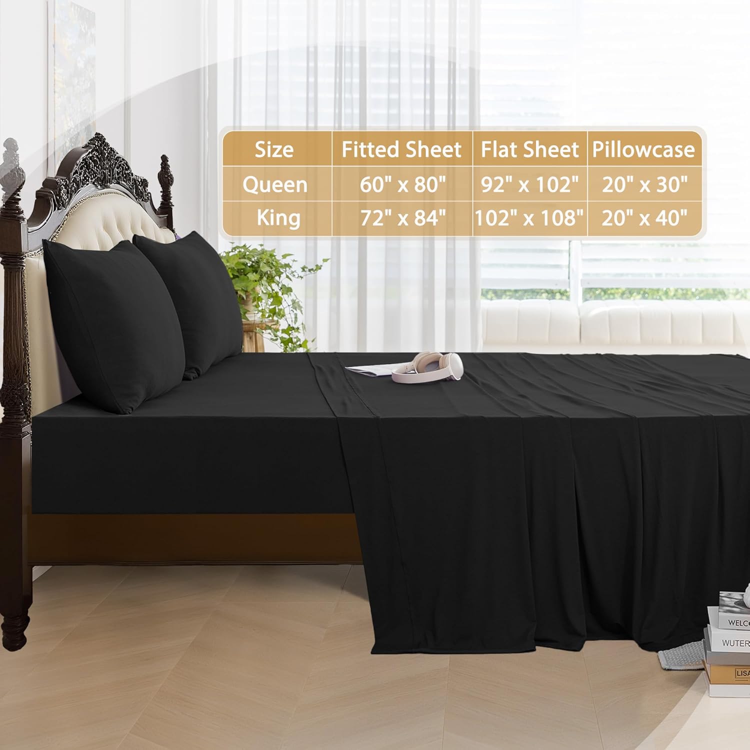 N&Y HOME StretchSnug Queen Sheets Set with Corner Straps - Blend of Rayon Derived from Bamboo, Stretchy Sheets Deep Pocket No Slip Stay on Bed, Firm & Tight, 4 Piece Sets, Charcoal, Queen