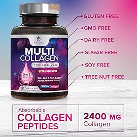 Multi Collagen Pills 2400 mg - Advanced Types I, II, III, V, X - Hydrolyzed Multi Collagen Peptides Pills, Collagen Supplements for Women & Men - Hair, Skin, & Nail Support Supplement - 240 Capsules