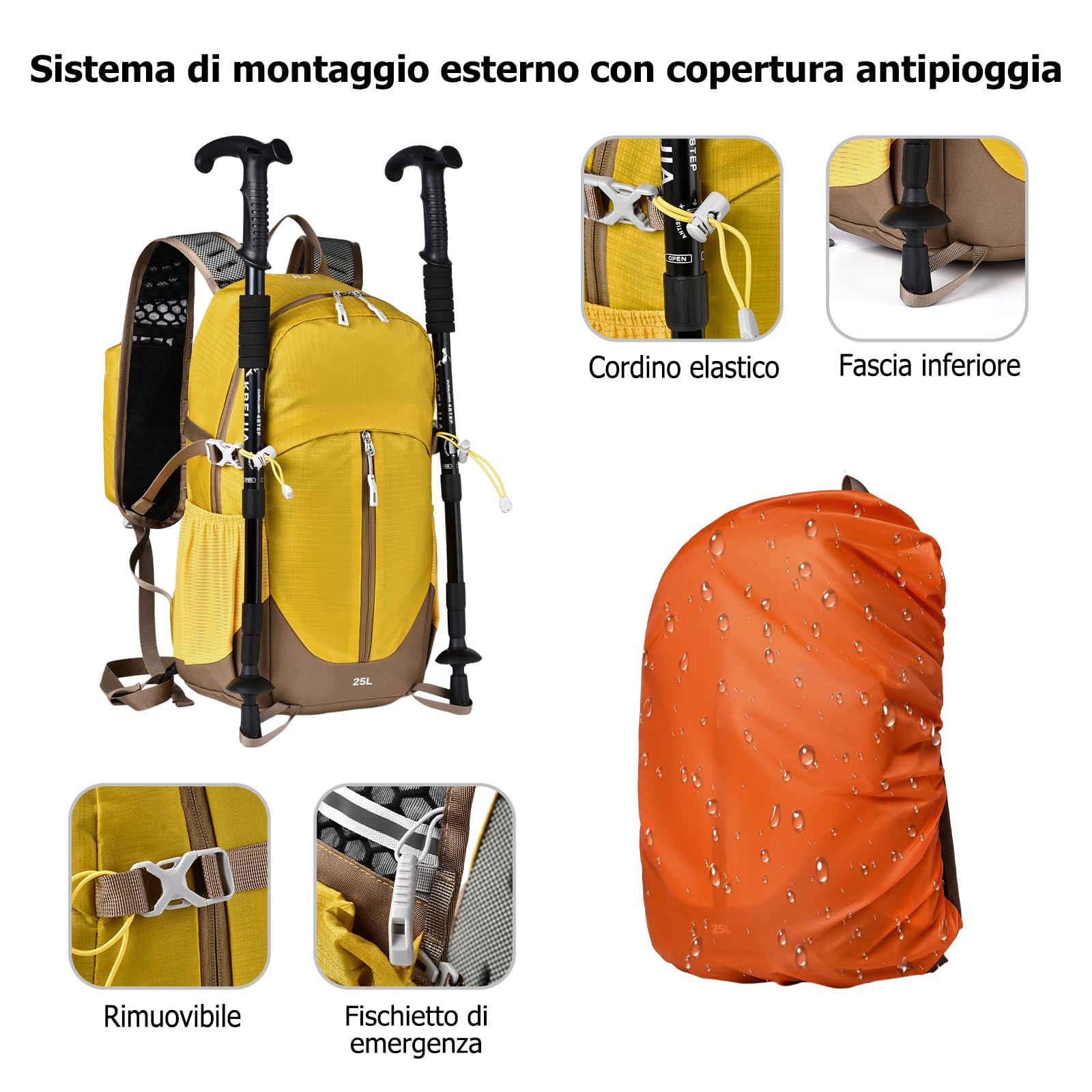 25L Zaino da Escursionismo Zaino Outdoor Impermeabile Sistema Dorsale Traspirante Zaini per Viaggi Camping Uso Quotidianoa Giallo