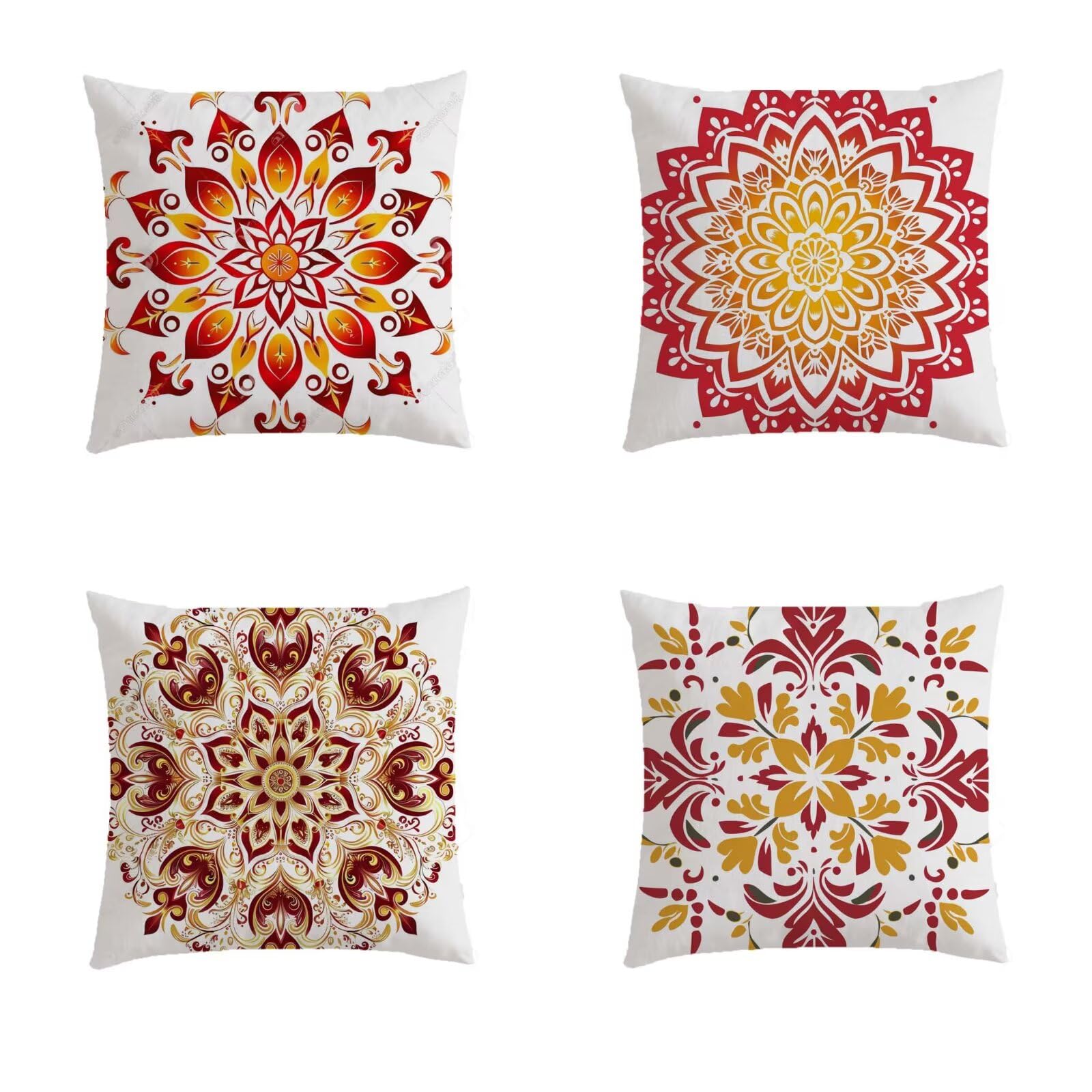 Housse de coussin 70x70 rouge lot de 4 en lin avec motif bohémien double face