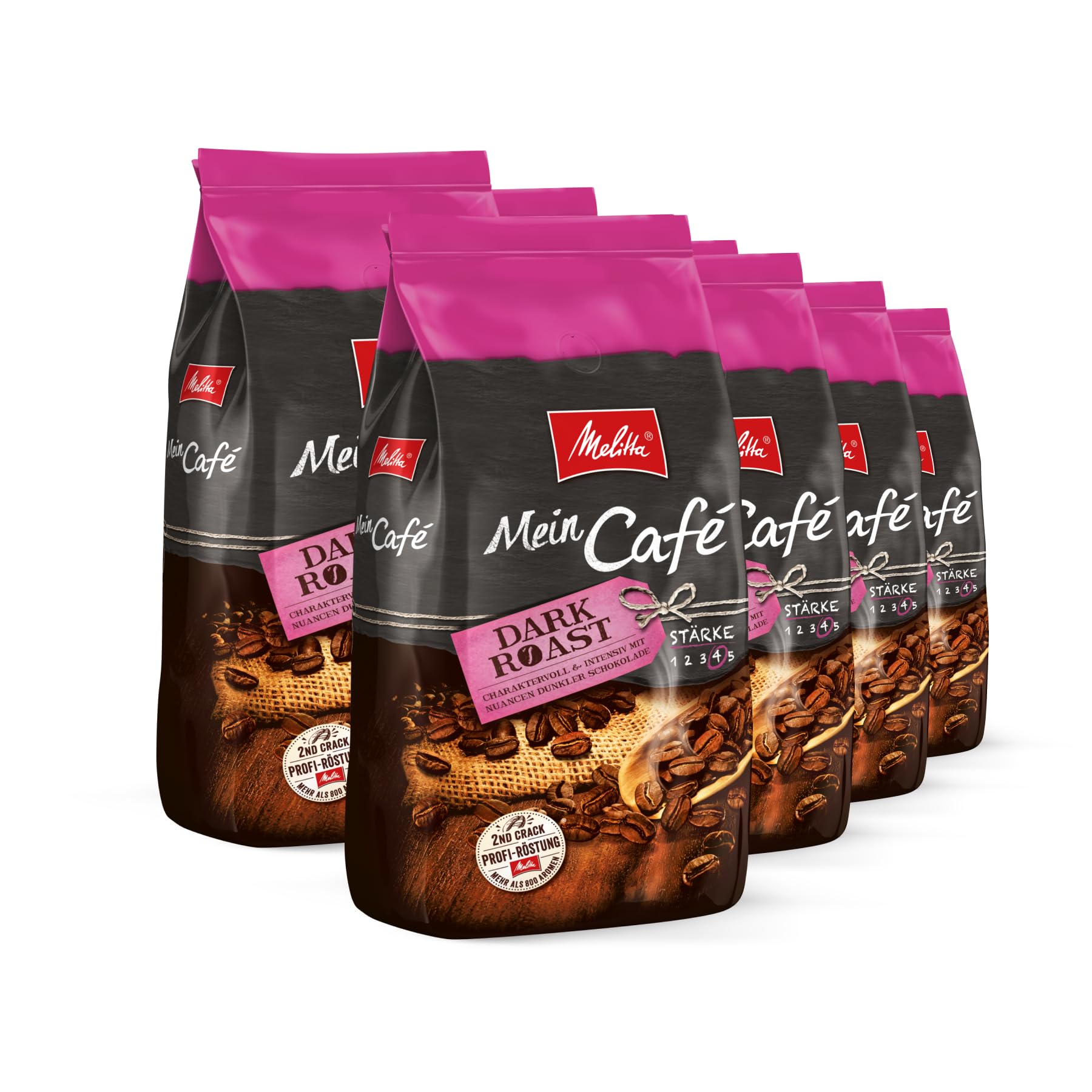 Melitta Mein Café Dark Roast, Ganze Kaffee-Bohnen 8 x 1kg, ungemahlen, Kaffeebohnen für Kaffee-Vollautomat, kräftige Röstung, Stärke 4, im Tray