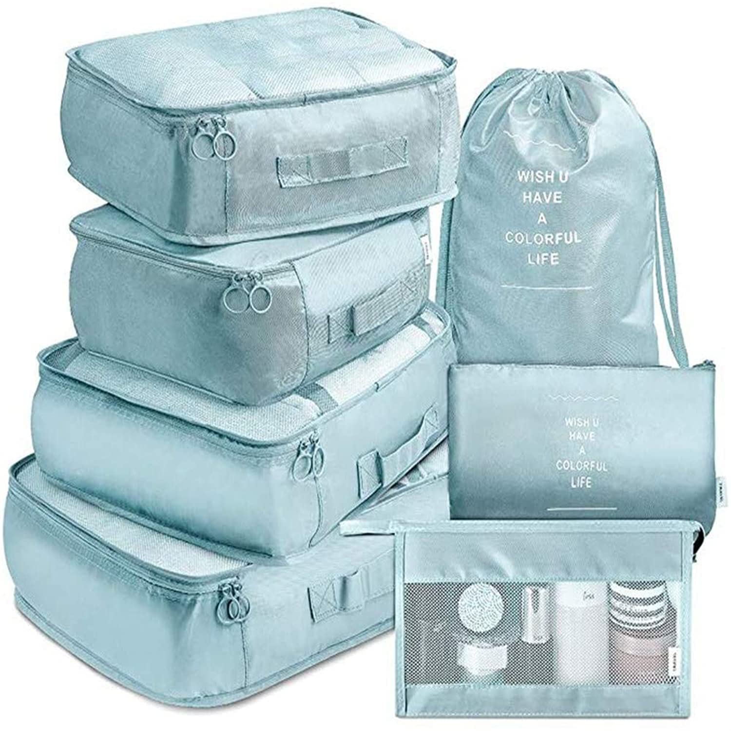 SKEIDOSKEIDO Travel Insert Handbag Organizer 7 pieces Portable Luggage Organizer Travel Organizer Bags Suitcase Packing Set (Light Blue)