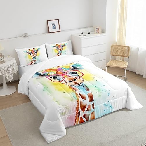 Miniatura 4 de Manfei Juego de edredón de jirafa de acuarela para niños, tamaño individual, juego de ropa de cama de animales de dibujos animados, decoración de