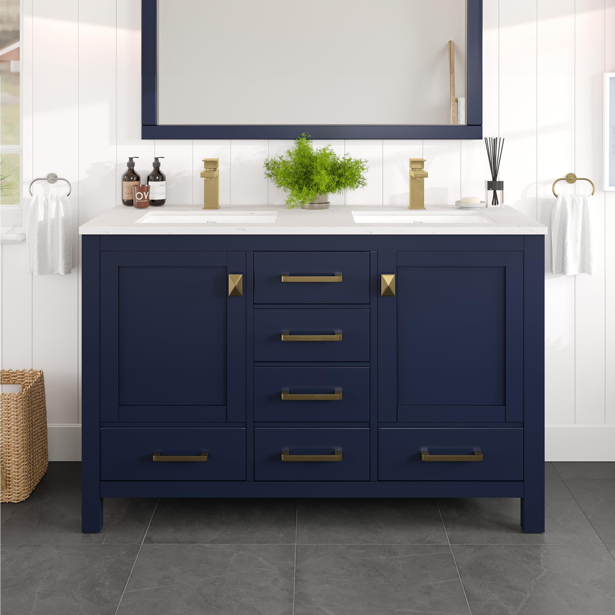 Eviva London 48 Inch Double Sink Vanity - Blue Double Vanity Sinks for Bathrooms - 48 Bathroom Vanity with Top and Sink - Freestanding 48 Vanity with Sink and Countertop Quartz - Porcelain Sink Combo