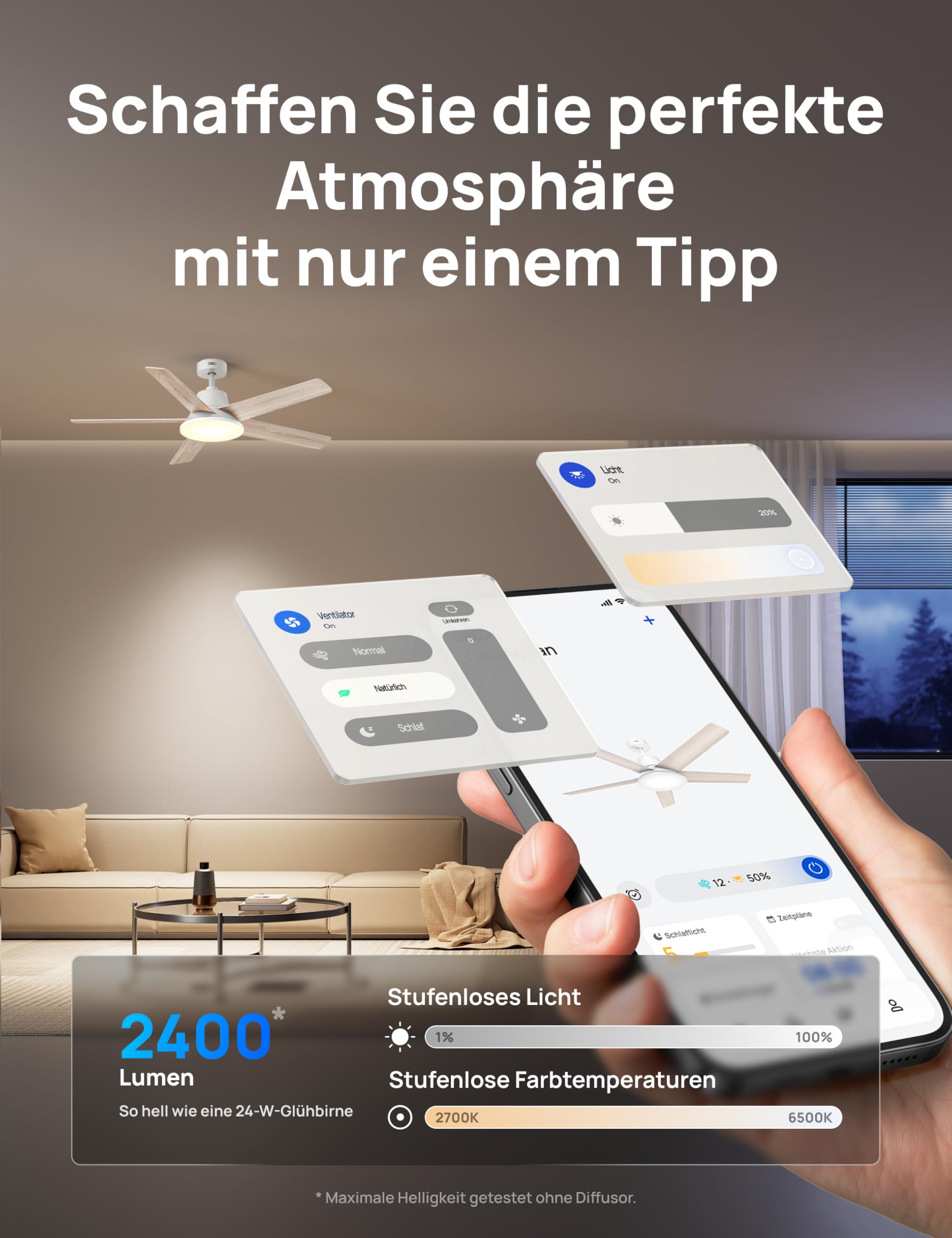 DREO Smart Deckenventilator mit Licht, 132 cm, 12 Geschwindigkeiten, 3 Modi, stufenlos dimmbares LED-Beleuchtung, leiser DC-Motor, 12H-Timer, Fernbedienung/APP/Alexa, für Innenräume, Weiß