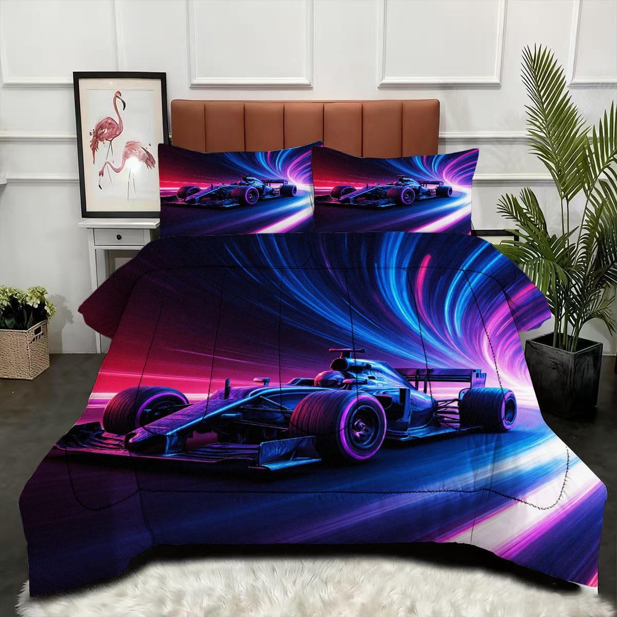 Couette Voiture de Sport 3D 240x260 cm avec 2 taies d'oreiller en microfibre pour lit 2 personnes