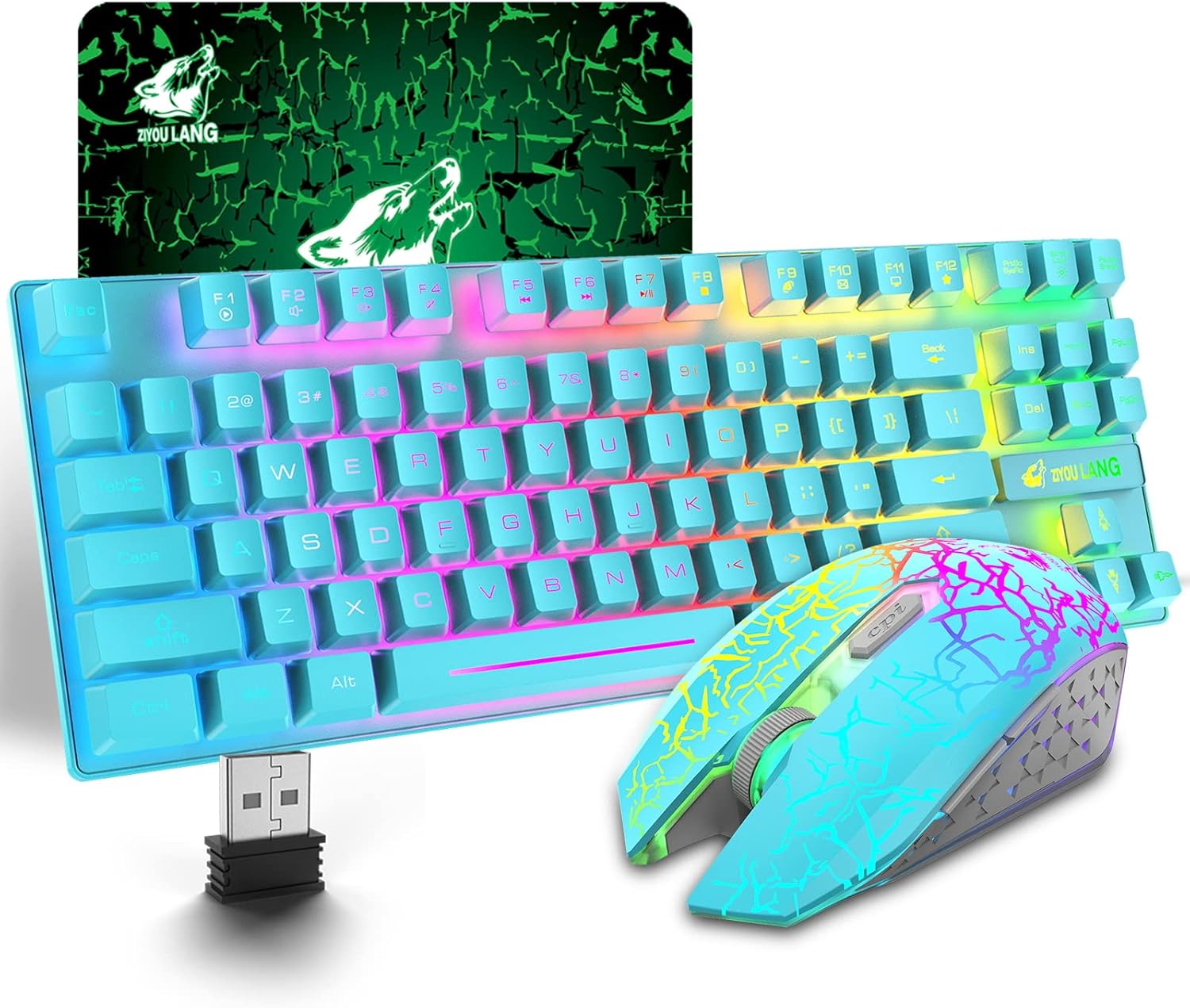 Teclado y ratón inalámbricos, 87 teclado, mouse y dispositivo de entrada, retroiluminación LED arco iris se puede cargar con batería de 3800 mAh mecánica RGB silenciosa para portátil ratón mac-Blue