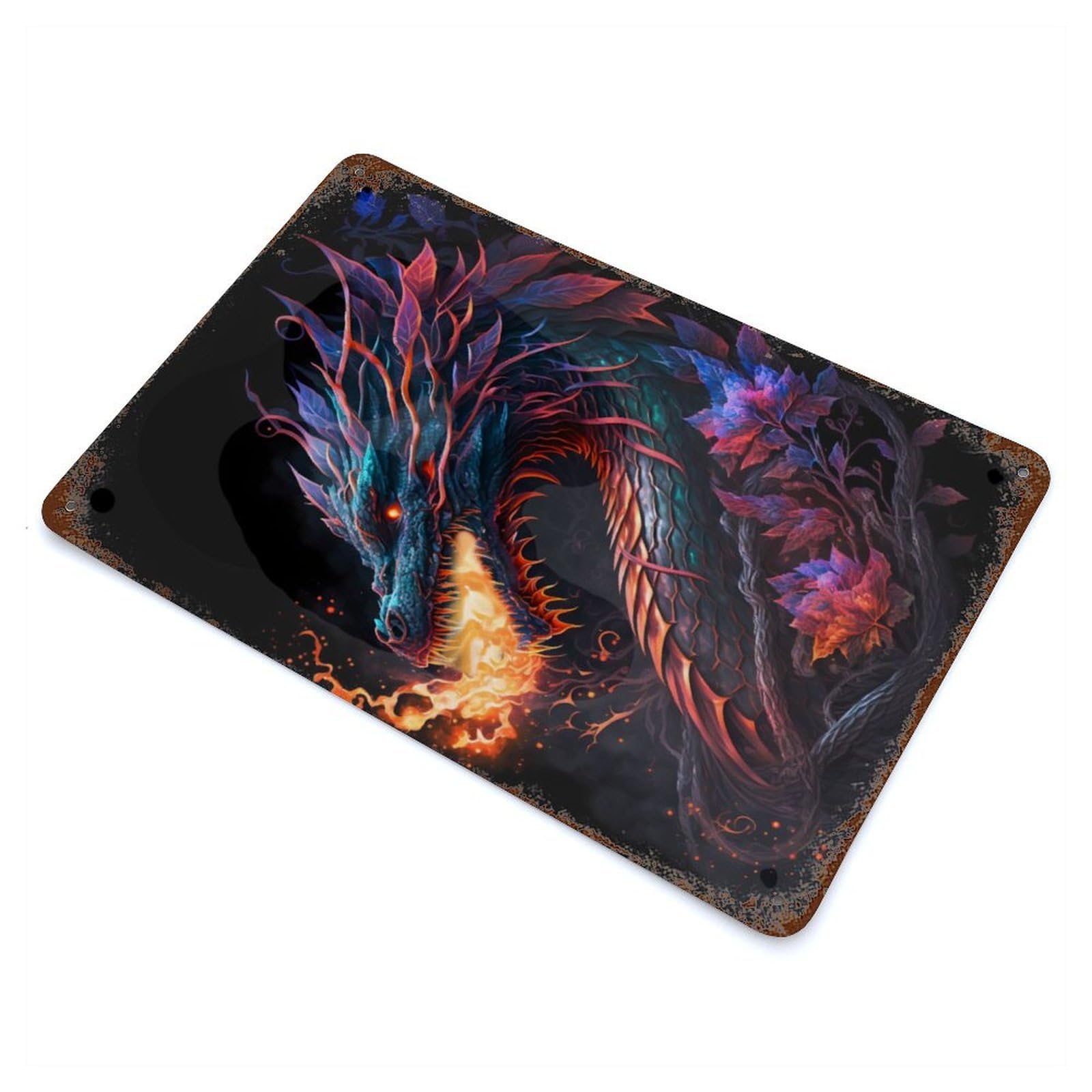 Flowers Dragon Vintage Wall Sign 11.8"x7.9", Rust Effect Metal Decor for Farmhouse, Kitchen And Entryway Decor