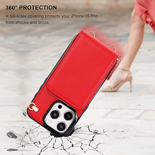 Miniatura 8 de KIHUWEY Funda tipo cartera cruzada para iPhone 15 Pro, funda de bolsillo con cremallera y soporte para tarjetas, funda protectora de piel sintética