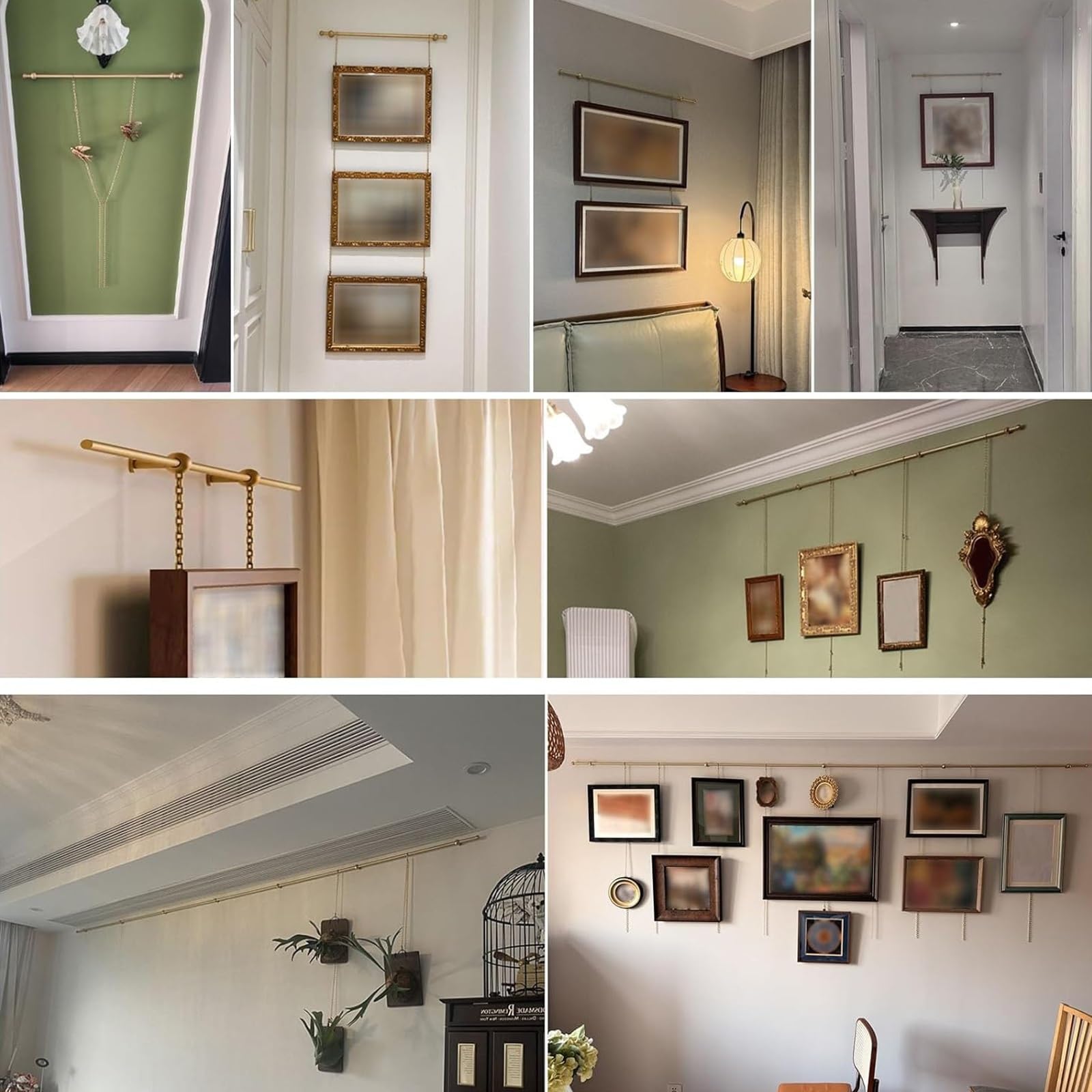 Cimaise Tableau Suspension De Tableaux avec Chaînes Et Crochets, Kit De Rail De Galerie en Laiton Doré, Système D'accrochage De Tableaux pour Décoration Murale Et Photo(1.15m (45.3in))