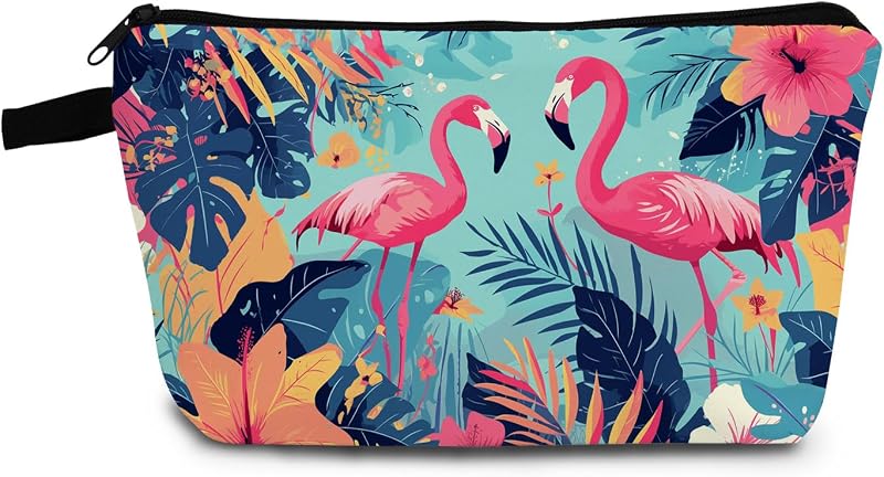 Necessaire de maquiagem YULUENZE com estampa Flamingo 01 e zíper metálico