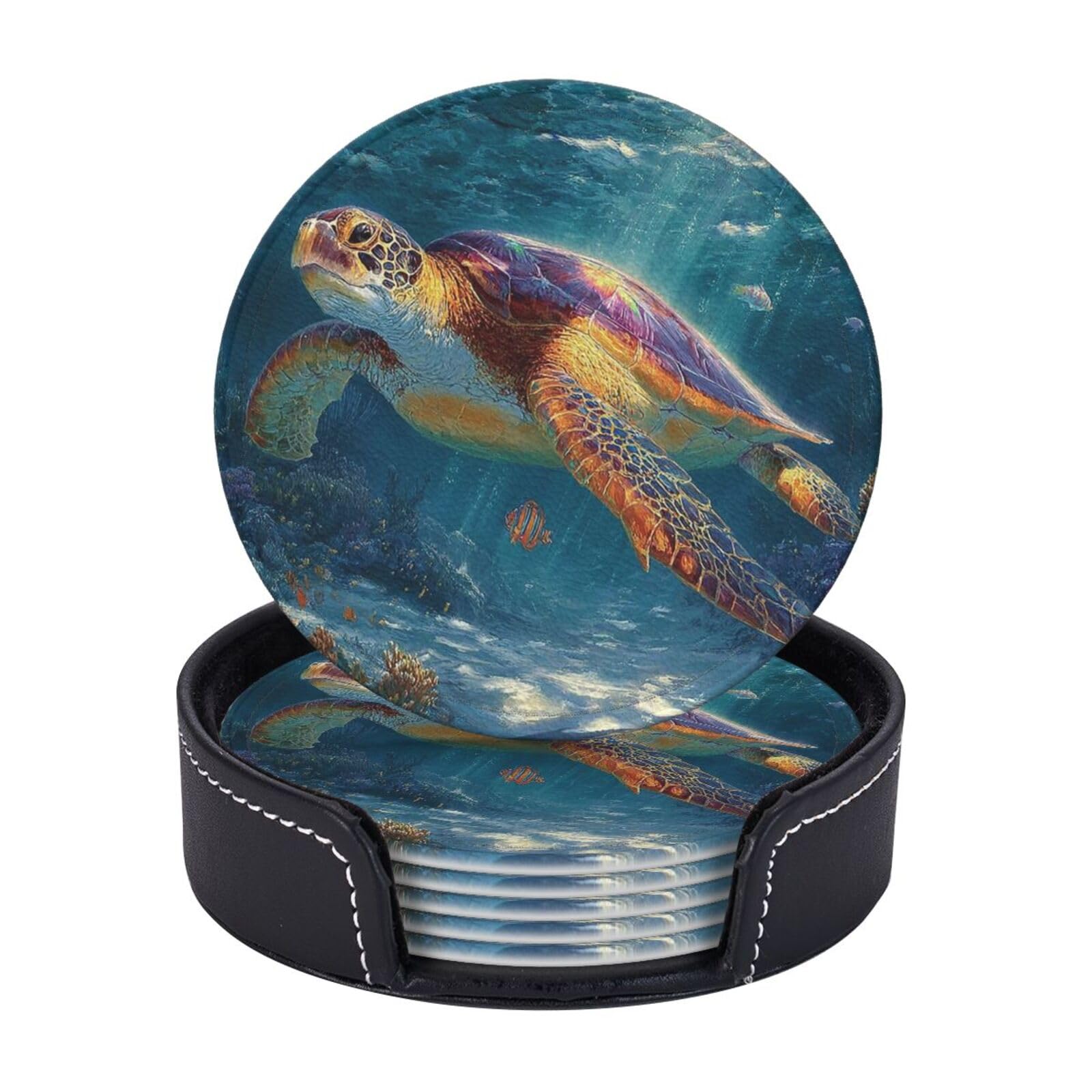 Coasters Set of 6 Leather Drink Coasters with Holder Sea Turtle print Coasters for Drinks Heat Resistant Coaster Round Coffee Cup Mat Pad for Kitchen Office Home Decor