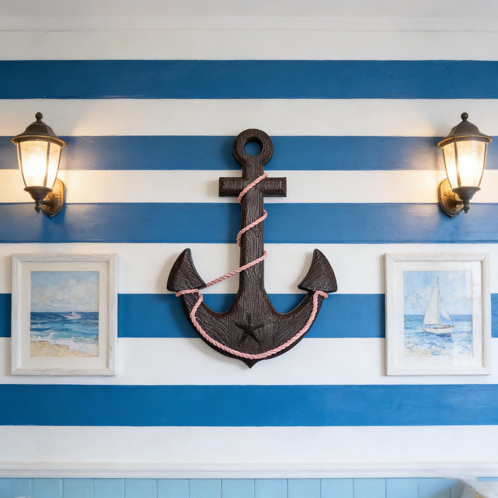 Qaixwuyi Retro Holz Anker Wanddeko mit Seil Nautische Maritime Dekoration 45x32cm Braun Strand Thema Dekoration Antik Stil Tür Hängeornament für Haus Bar Badezimmer