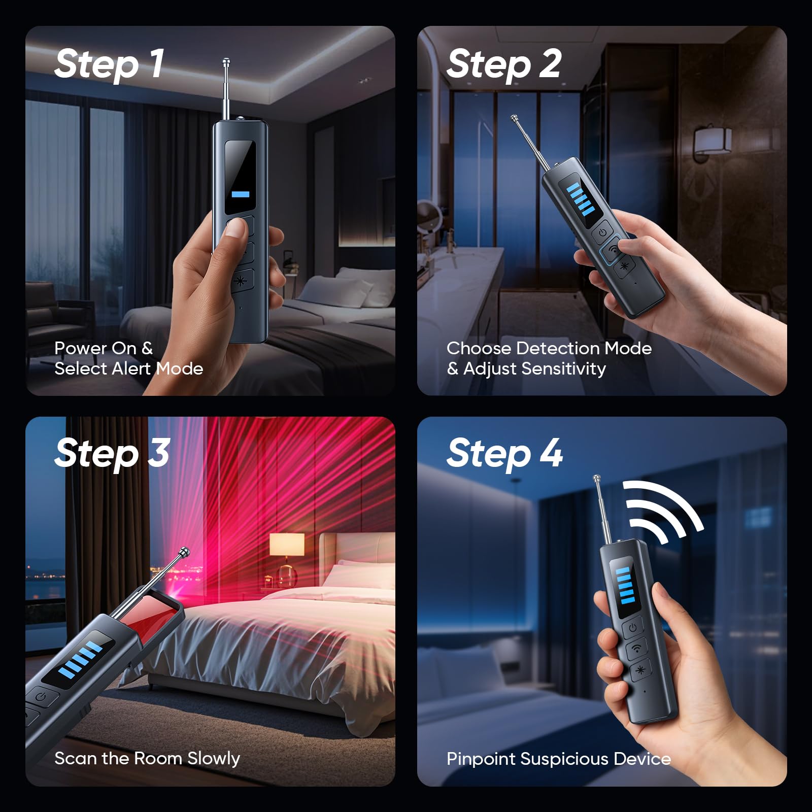 Detectores de cámara oculta, detección precisa de 4 modos | Detección de señal RF e infrarrojos, detector de rastreadores GPS, protección de privacidad, herramienta de seguridad