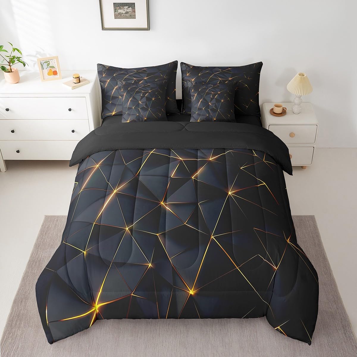 Feelyou Honeycomb Full Size Geometric Theme Teens Boys Bed in a Bag,Adults Bedroom Decoration 3D Black Gold Print Comforter Set with Sheets All Season