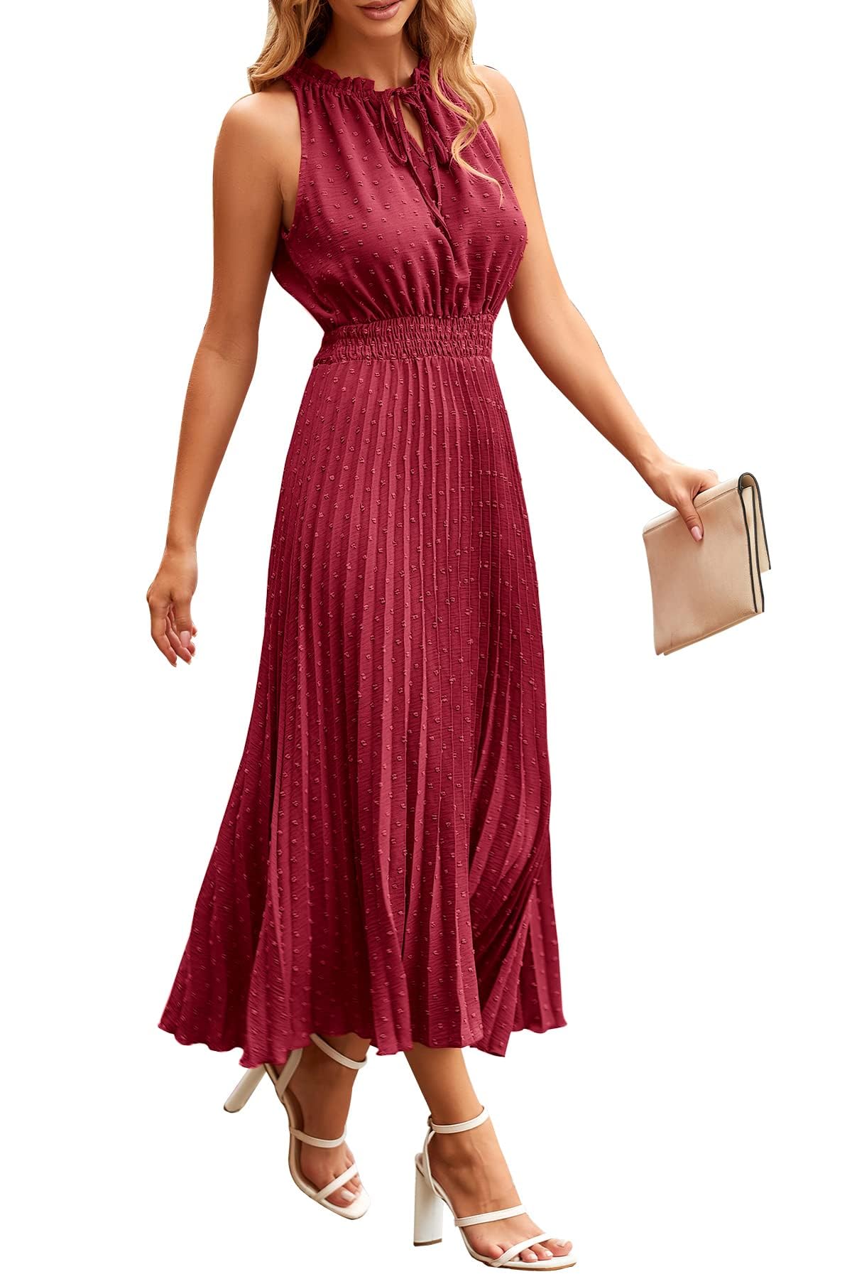 Vestidos Verano Mujer Sin Mangas Vestido Largo Cuello en V Elegante Dress Volante de Lunares Suizos Elástica Cintura Alta Casual