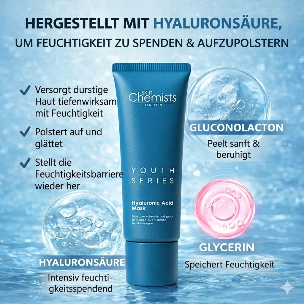 skinChemists 1% Hyaluronic Acid Hydrating Face Mask 50ml - Plumping & Anti-Dehydration Mask for All Skin Types - Anti-Aging Treatment