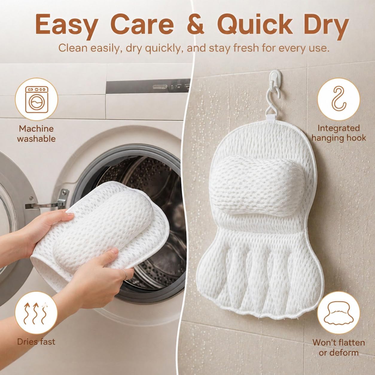 Bath Pillow with 6 Suction Cups for Head, Neck and Back Support