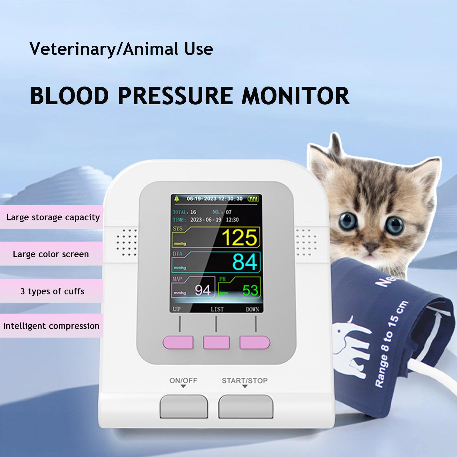 Tensiómetro automático para uso veterinario/animal, con pantalla de 2,8" y 3 brazaletes, esfigmomanómetro electrónico con memoria para más de 100 lecturas, para perros, gatos y mascotas.