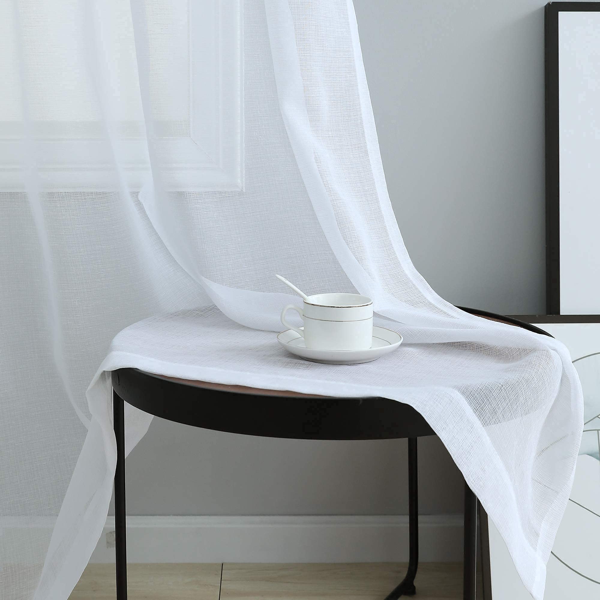 Pitalk Cortinas traslúcidas blancas de 84 pulgadas de largo para sala de estar, 2 paneles con ojales, cortinas de encaje ligeras y semitransparentes con aspecto de lino de algodón para dormitorio,
