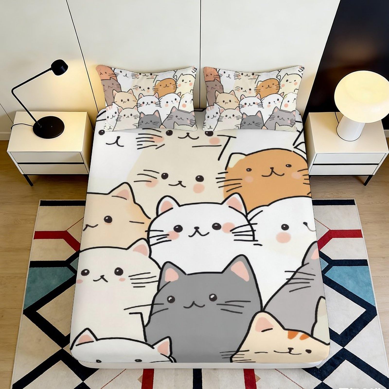 3D Printed Cartoon Cat Fitted Sheet Microfiber Bedroom Decor Cute Animal Bed Cover for Home Guest Room 90x200x25cm