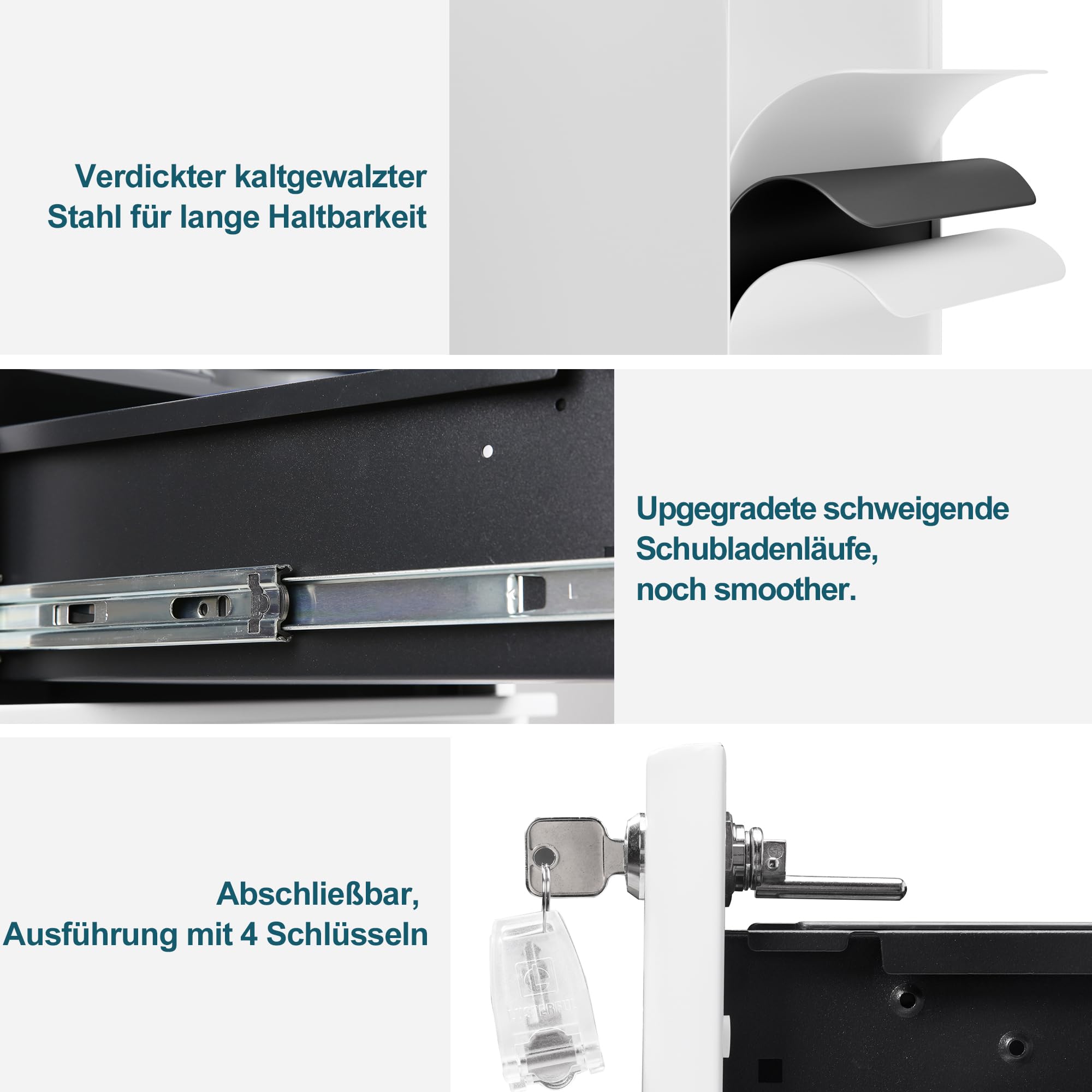 Rollcontainer, Aktenschrank, Schubladenschrank, Büroschrank aus Metall, Vormontiert, Abschließbarer, 4 Schlüsseln,Büro, Homeoffice