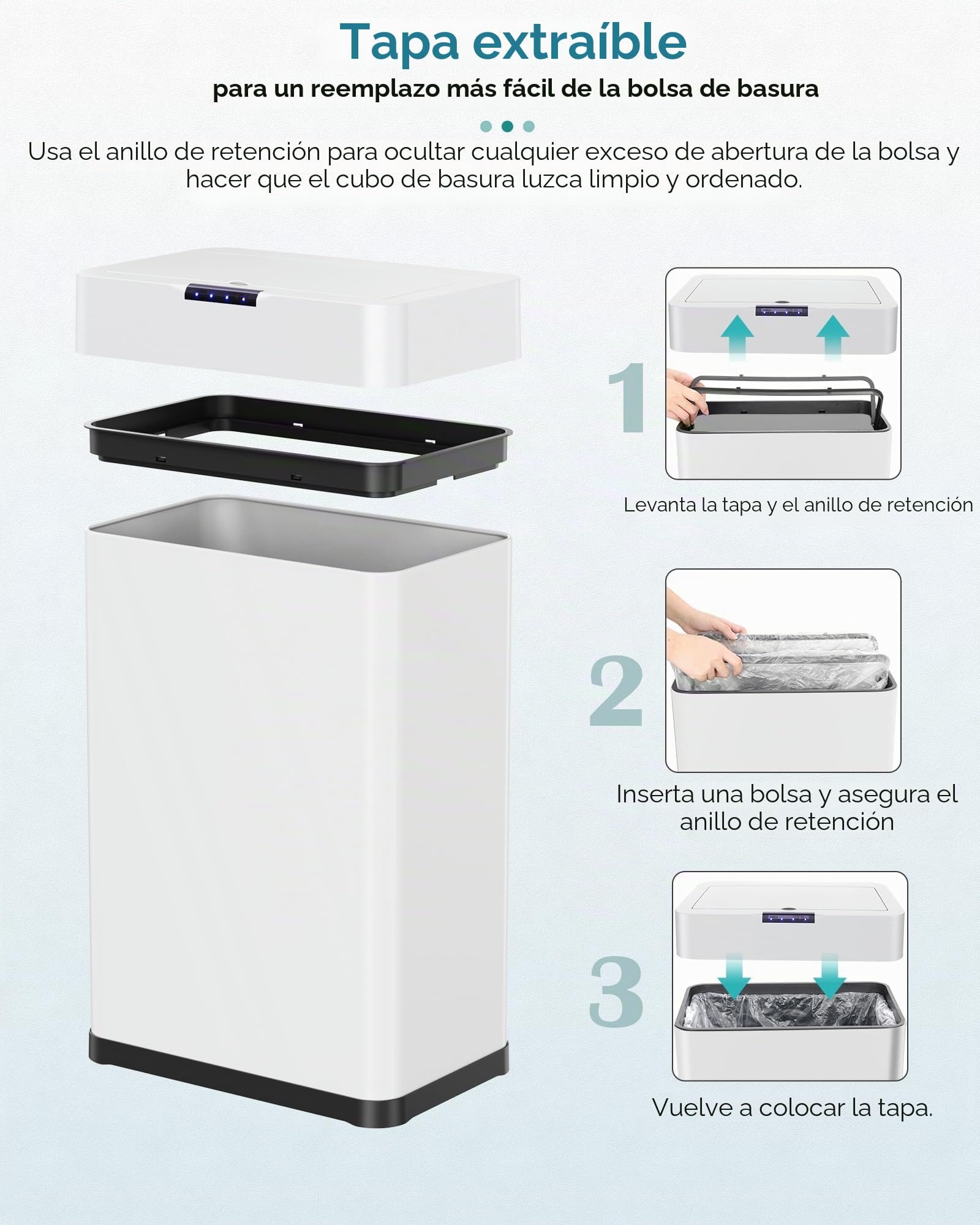 LIFERUN Papelera con sensor, papelera para cocina 60 litros, tapa eléctrica con anillo de sujeción para bolsas de basura, papelera automática sin contacto de acero inoxidable, blanco