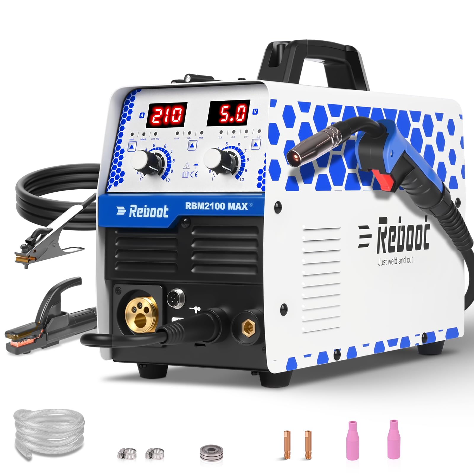 Reboot MIG Welder 5 in 1 210A Premium Alu-Ready - Synergistic Modes MIG/FLUX/MMA/Lift-TIG, Compatible with Reel Gun, IGBT Inverter, 230V LED Display, Workshop and DIY