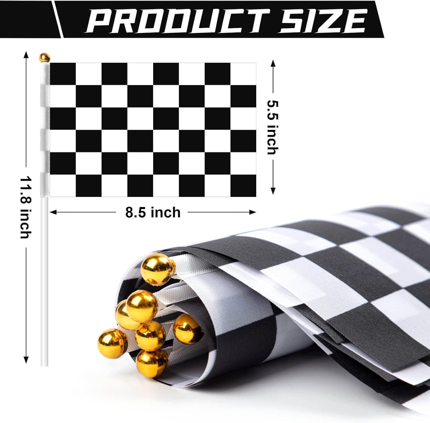100PCS Checkered Flag, Black and White Premium Polyester Flags with Plastic Sticks, Hand Held Stick Flags for Raceing, Race Car Party, Sport Events